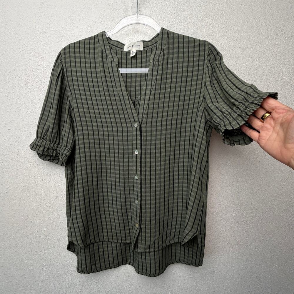 Cloth and Stone Green Plaid Puff Sleeve Linen Buttondown Women's US S - Picture 2 of 13